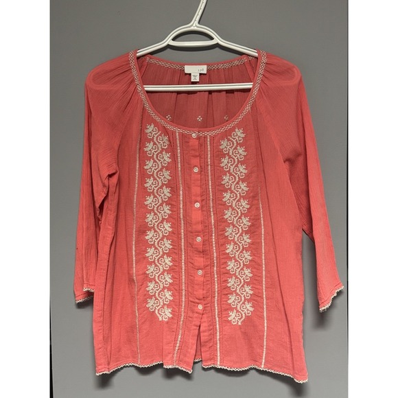 J. Jill Tops - J. Jill Women's Petite XS‎ Coral Gauzy Embroidered Button Up Top Beach Boho